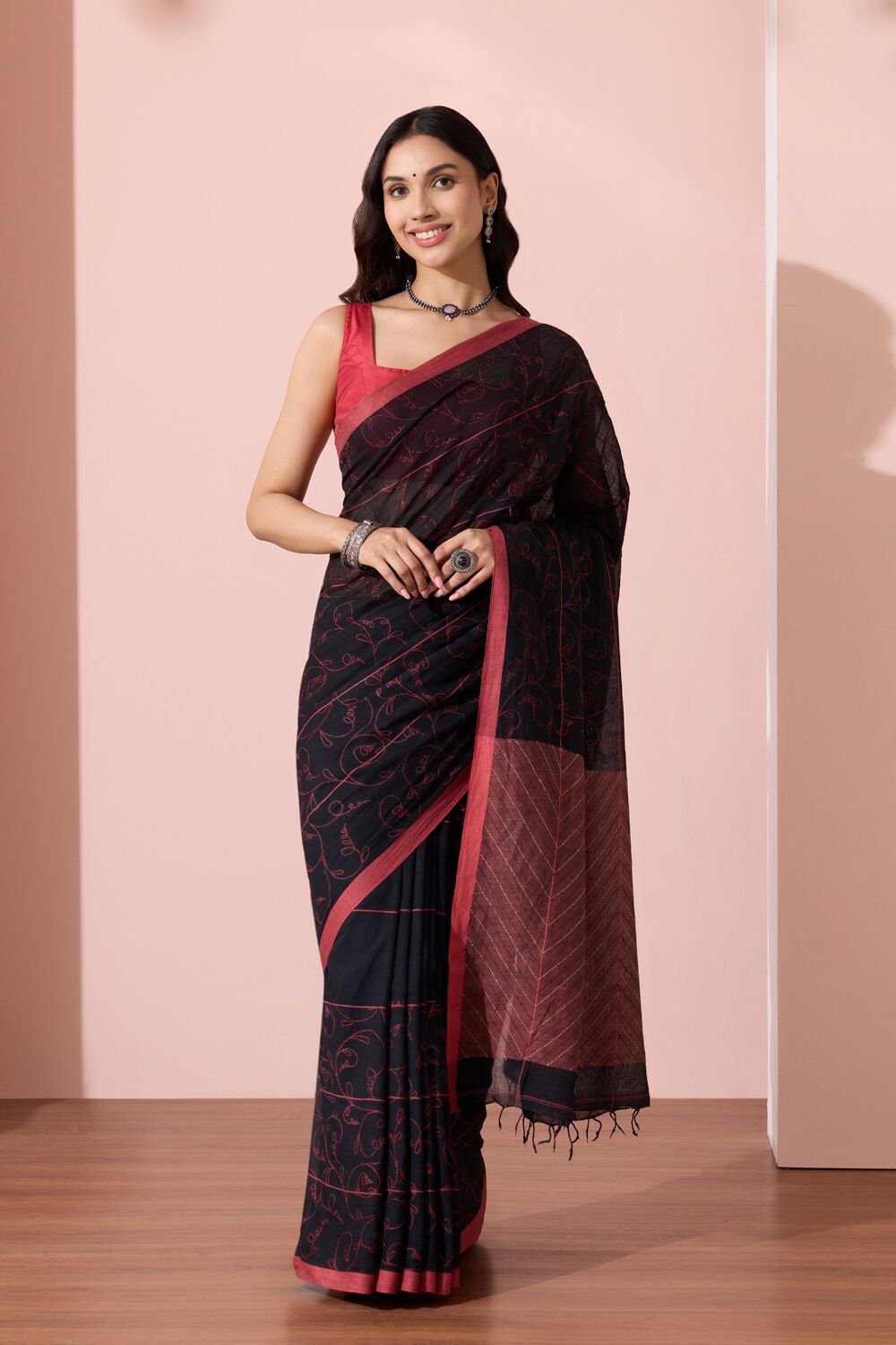 Black Bengal Pure Cotton Kantha Embroidered Saree image number null