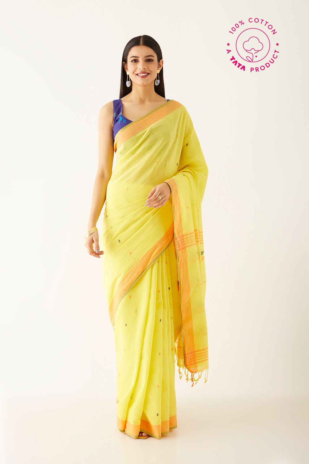 Yellow Pure Cotton Bengali Jamdani Saree image number null
