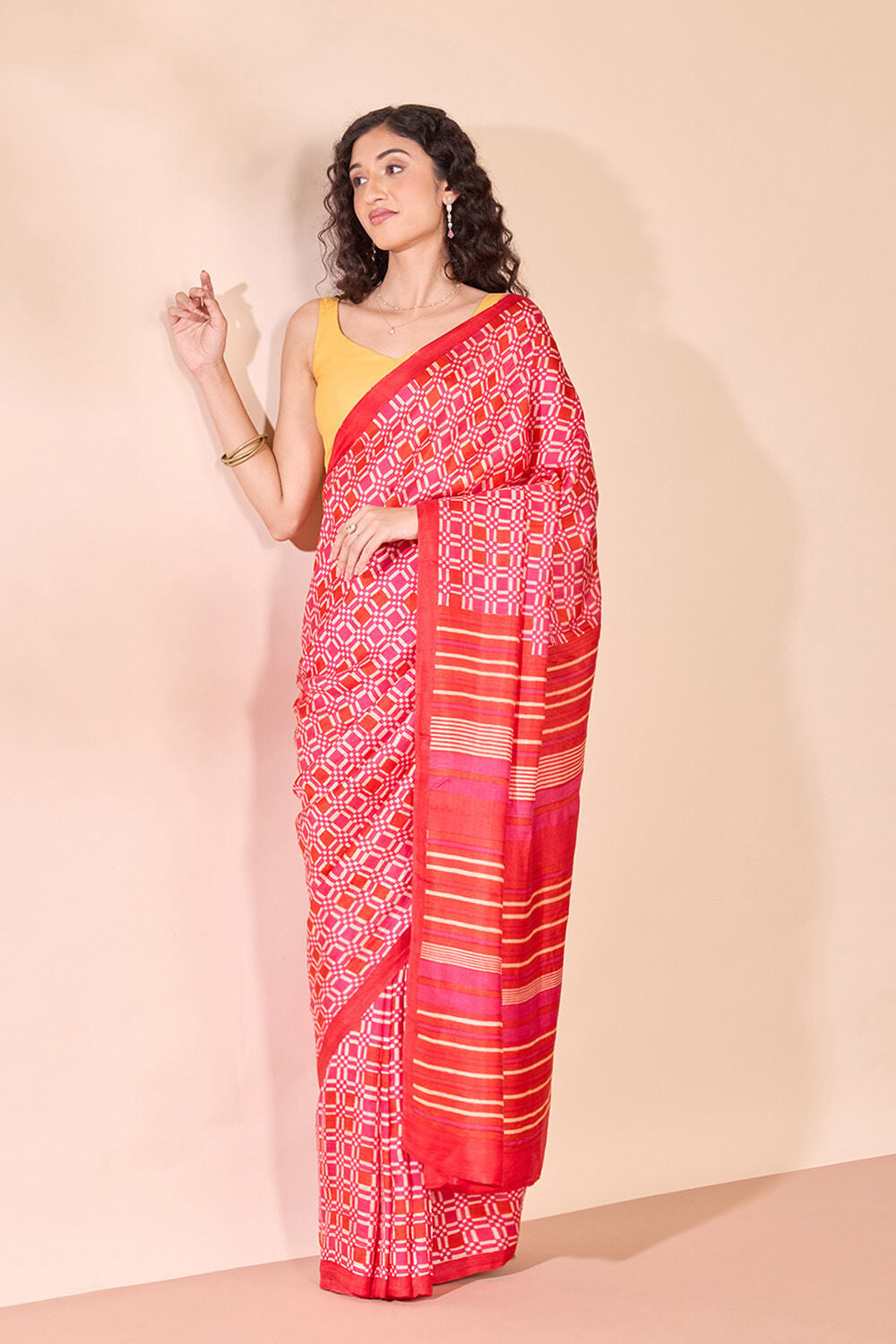 Pink Pure Silk Block Printed Bengal Saree image number null