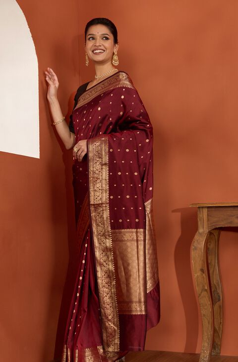 Dark Red Silk Viscose Cutwork Banaras Inspired Design Saree