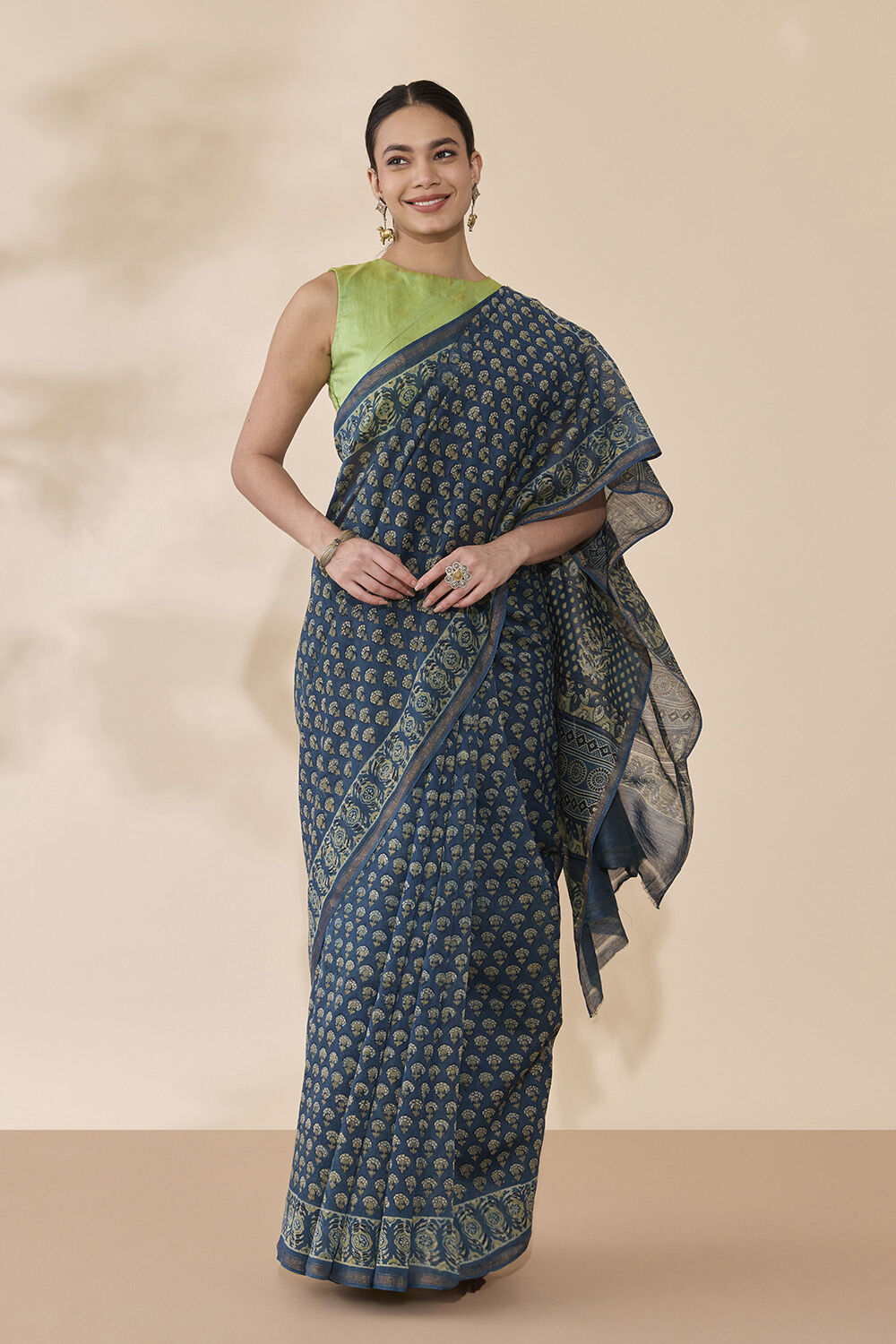 Blue Block Printed Pure Silk Cotton Chanderi Saree image number null