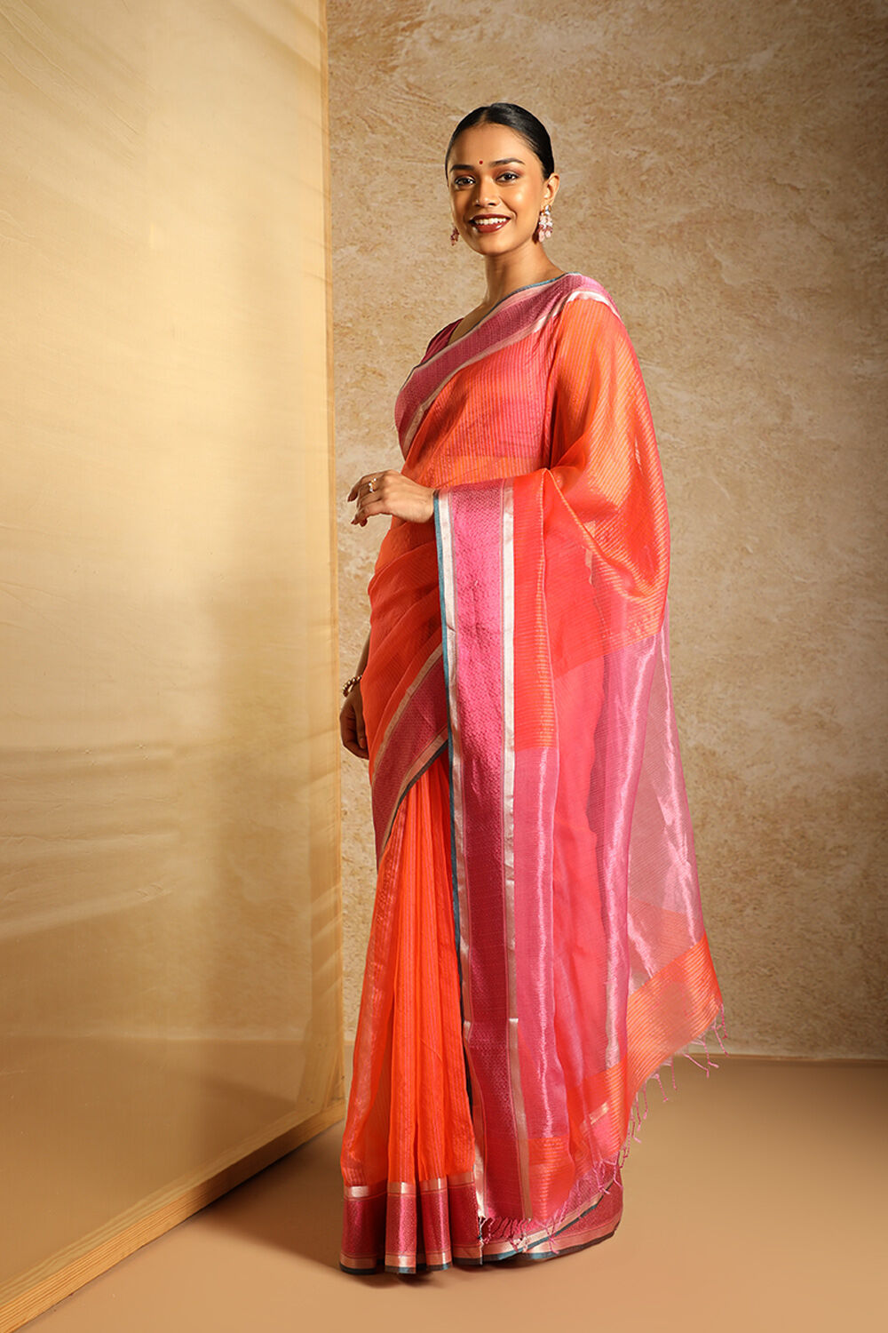 Orange Pure Silk Organza Woven Maheshwari Saree image number null