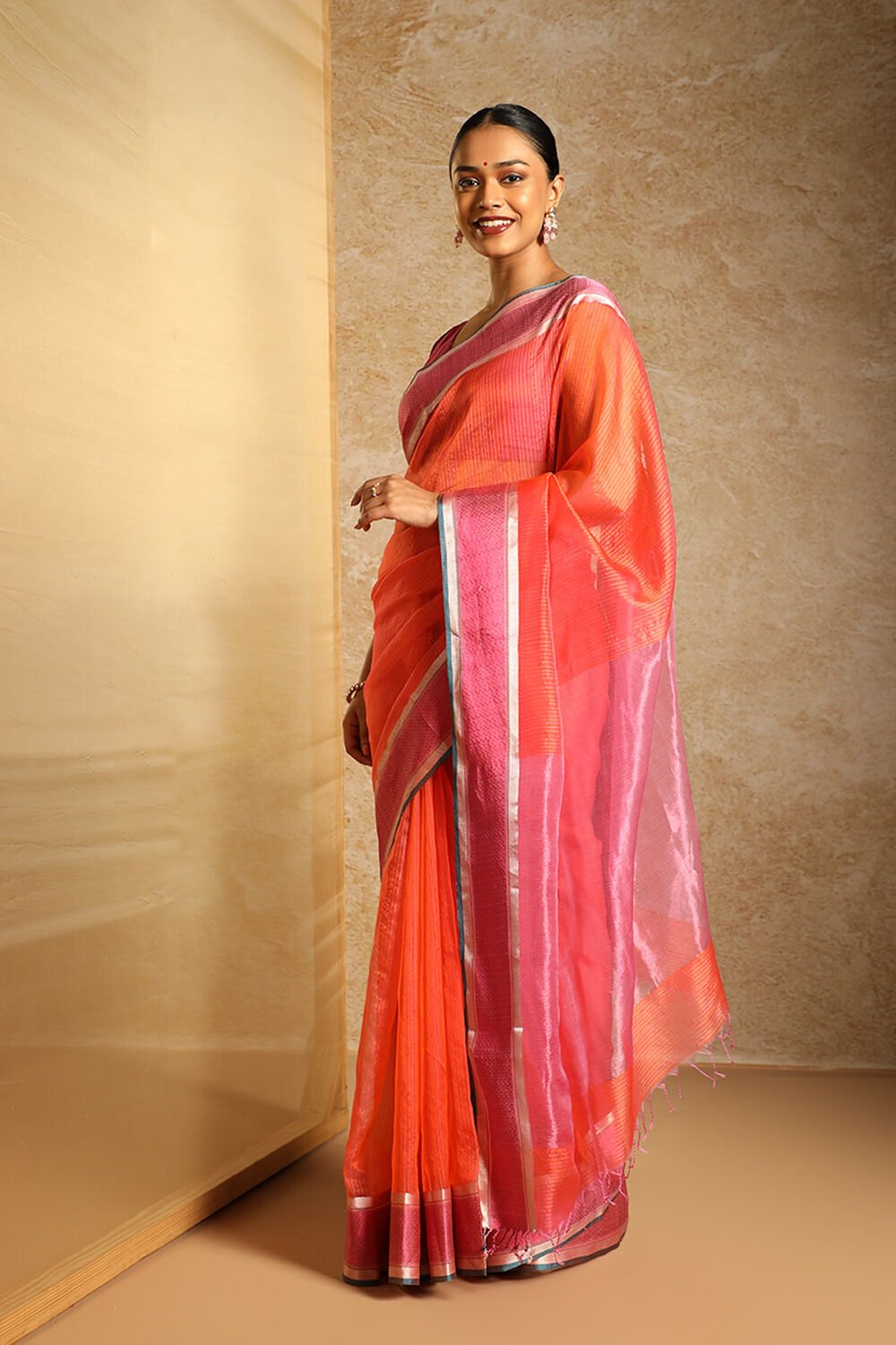 Orange Pure Silk Organza Woven Maheshwari Saree image number null