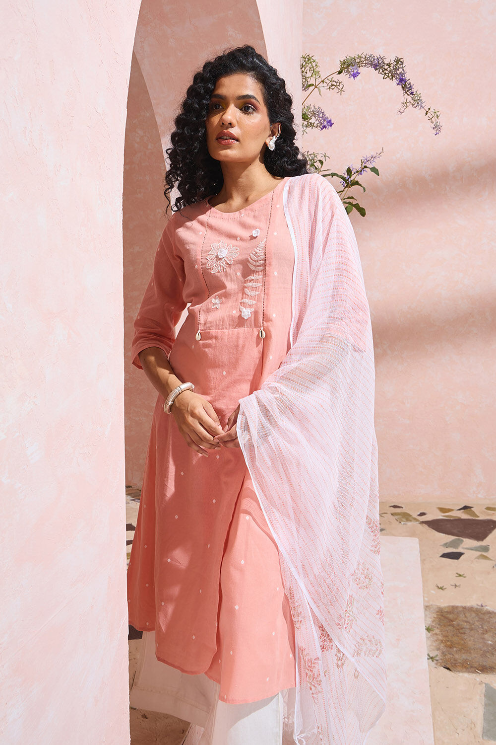 Light Orange Pure Cotton Printed Embroidery Kurta Set image number null