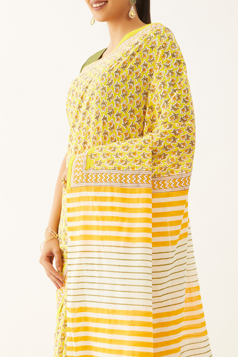 Yellow Pure Cotton Block Print Saree image number null