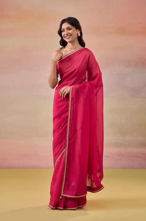 Red Viscose Organza Embroidered Saree