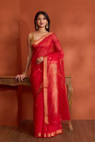 Red Pure Silk Cotton Bengal Woven Saree thumbnail image number null
