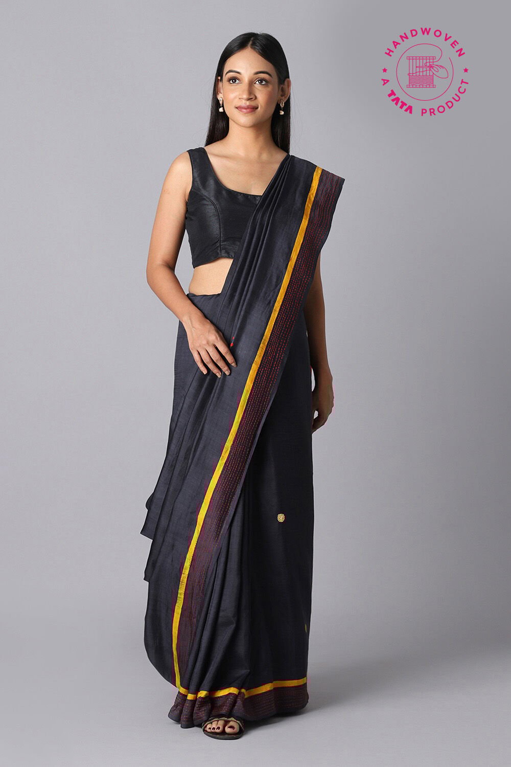 Black Pure Silk Hand Painted Saree image number null