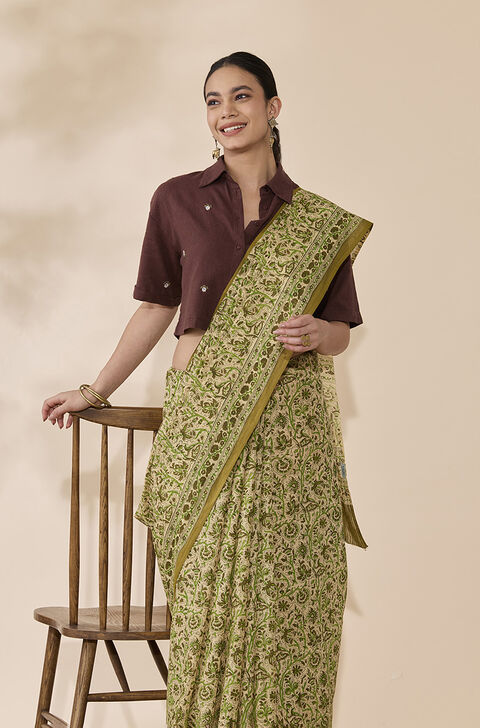 Beige Pure Cotton Mulmul Block Printed Bengal Saree