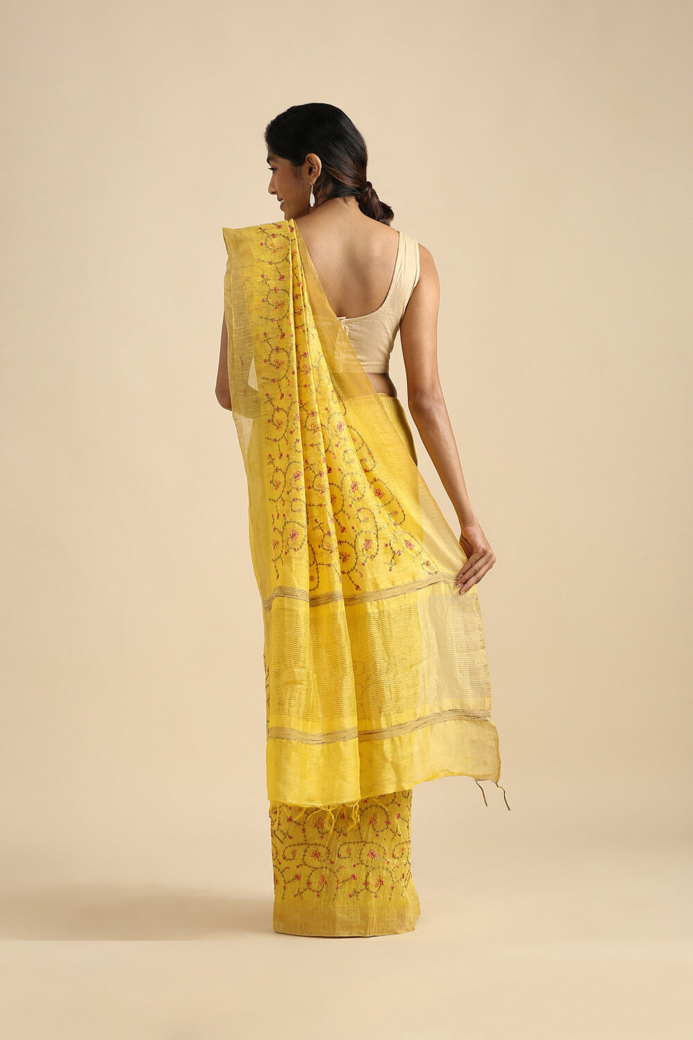 Yellow Pure Silk Linen Embroidered Saree image number null