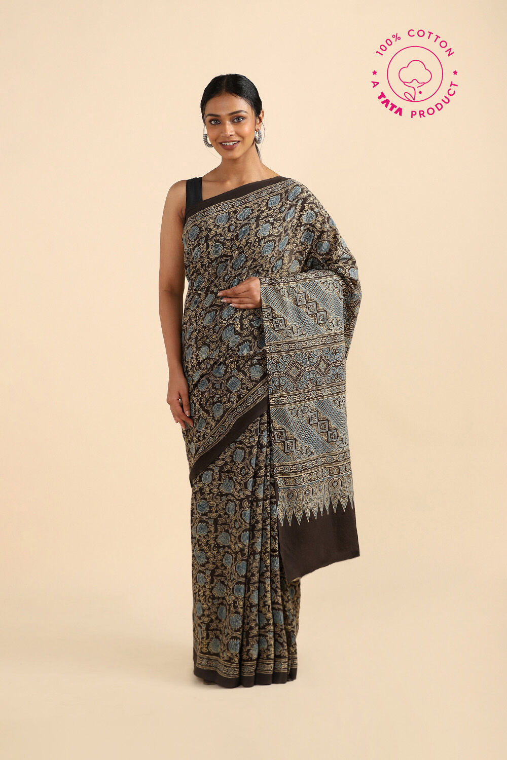 Black Pure Cotton Ajrakh Printed Saree image number null