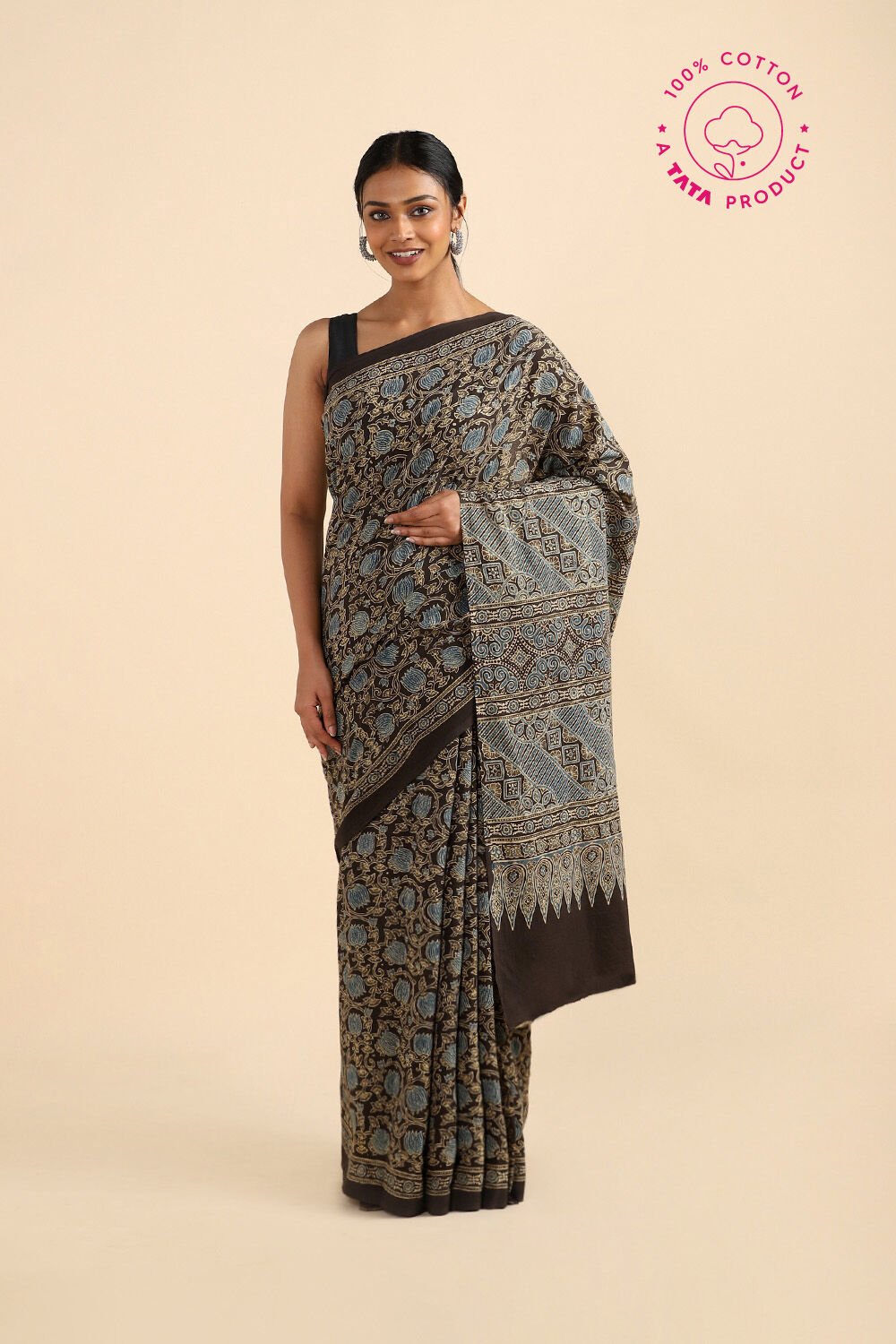Black Pure Cotton Ajrakh Printed Saree image number null