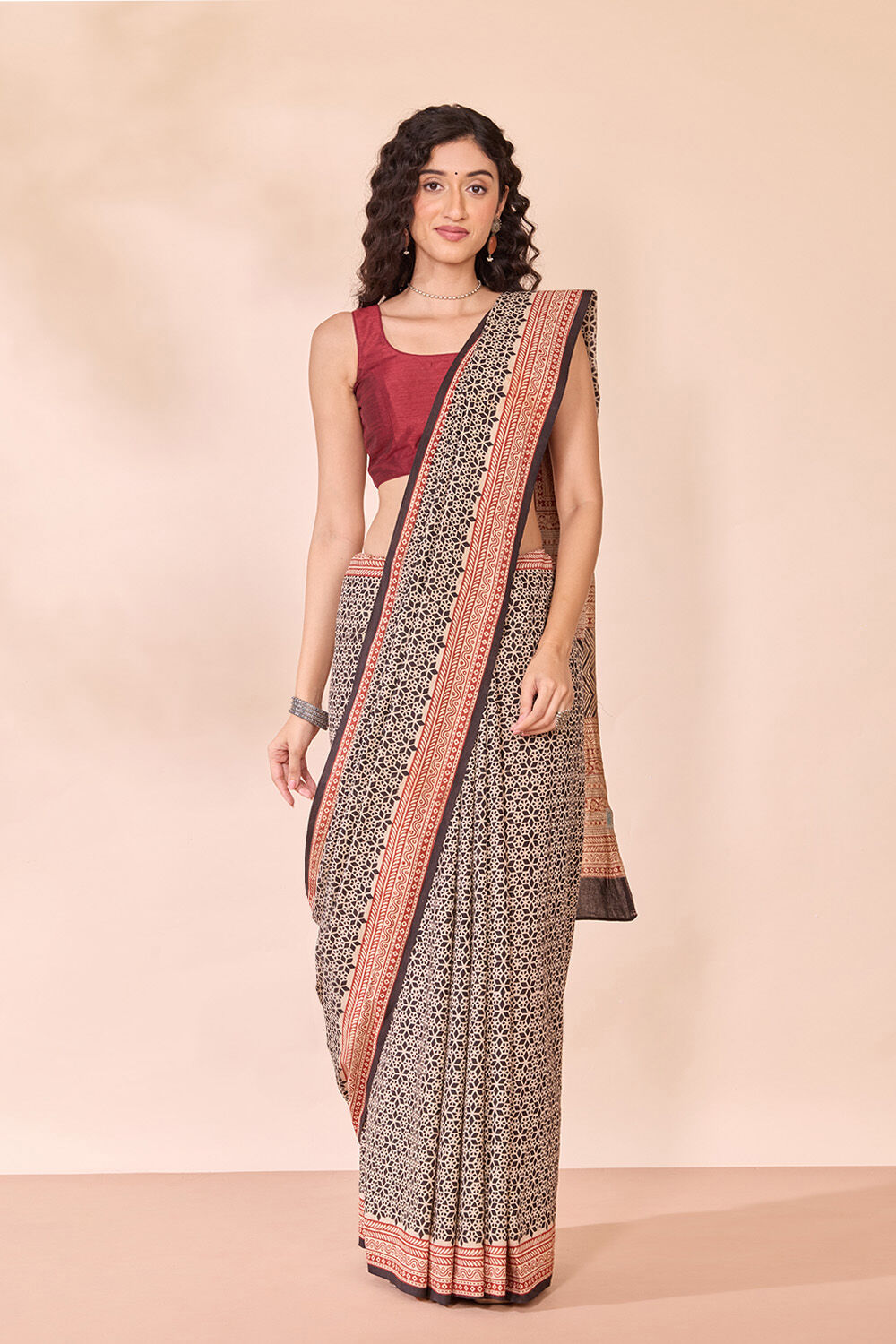 Black Rajasthan Block Printed Pure Cotton Saree image number null