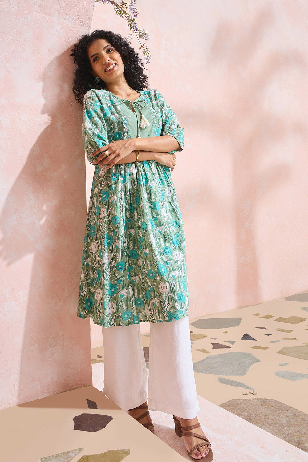 Light Green Printed Embroidery Pure Cotton Kurta image number null