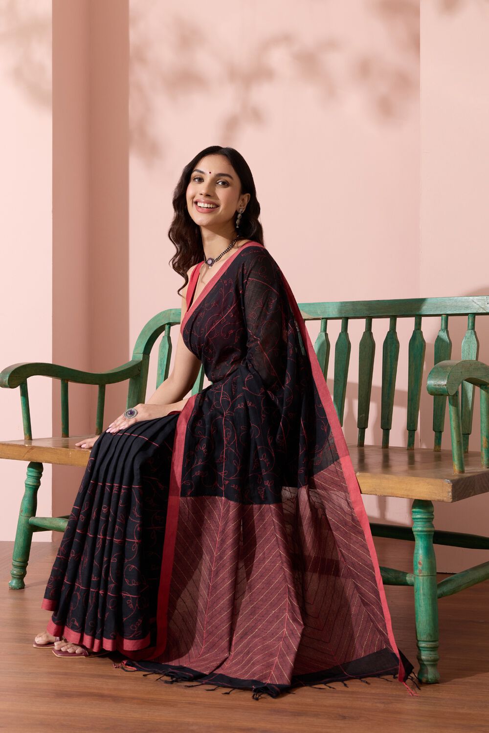 Black Bengal Pure Cotton Kantha Embroidered Saree image number null