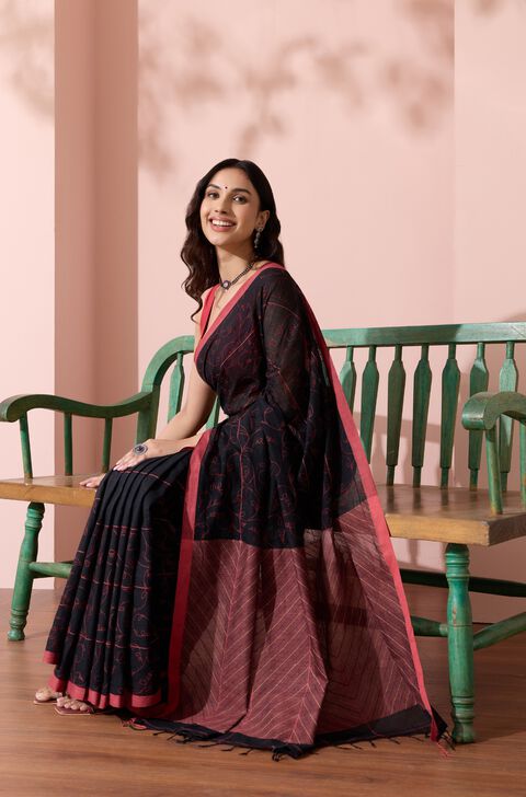 Black Bengal Pure Cotton Kantha Embroidered Saree