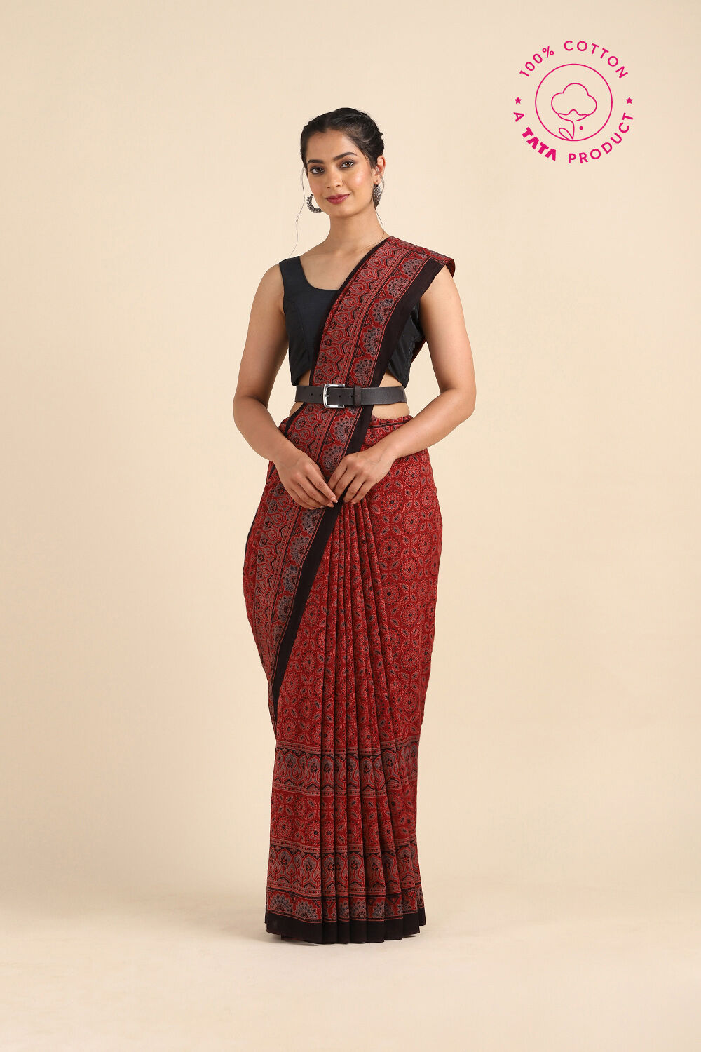 Red Pure Cotton Ajrakh Printed Saree image number null