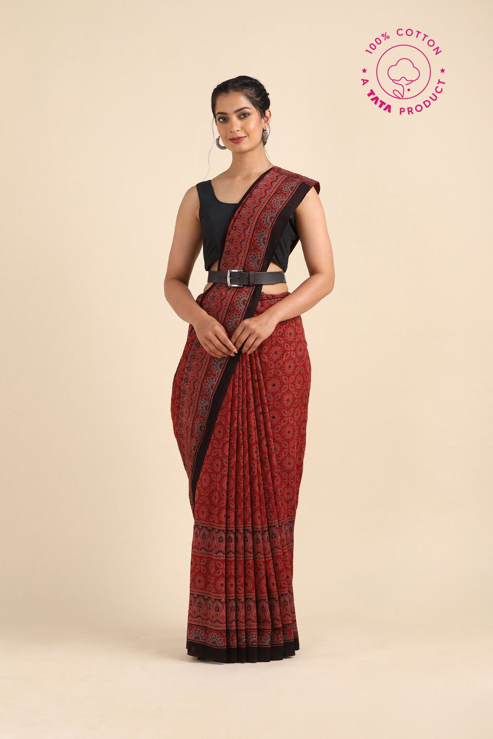 Red Pure Cotton Ajrakh Printed Saree image number null