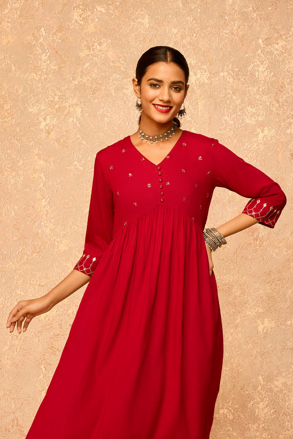Dark Pink Embroidered Viscose Kurta image number null