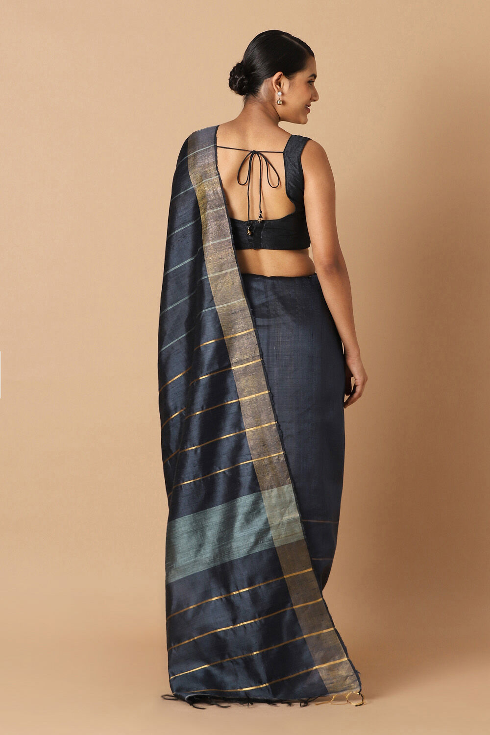 Dark Blue Pure Tussar Silk Bhagalpuri Saree image number null