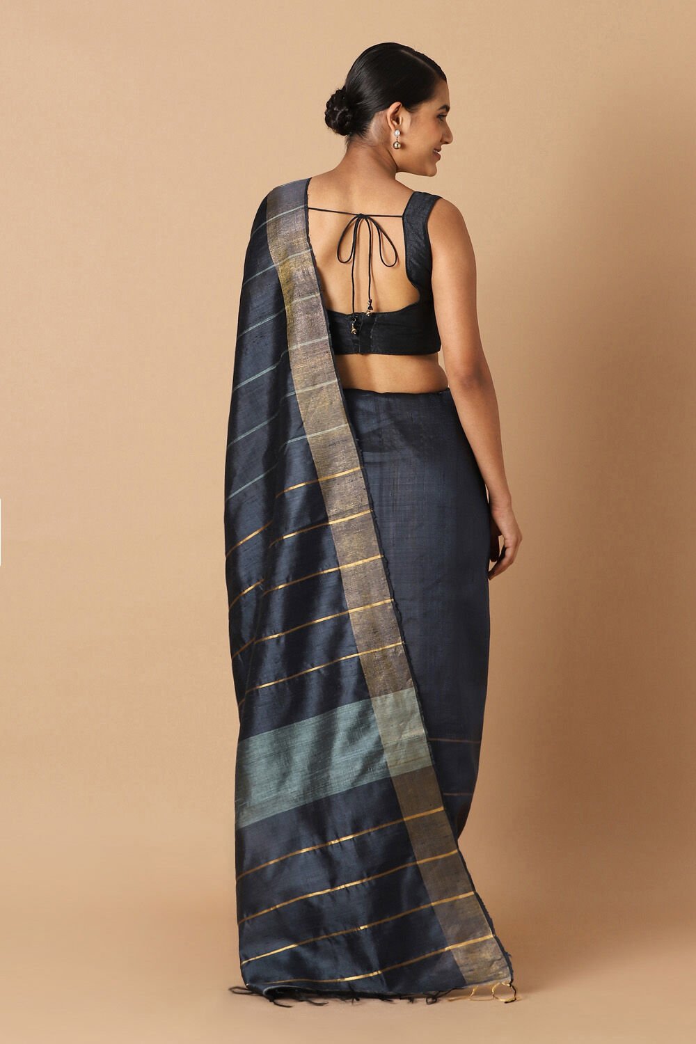 Dark Blue Pure Tussar Silk Bhagalpuri Saree image number null