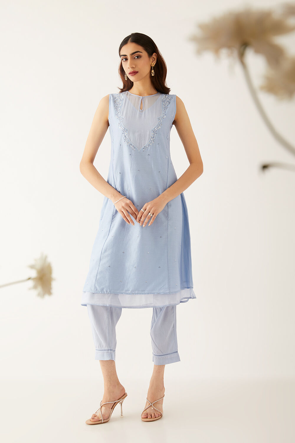 Light Blue Silk Cotton Embroidered Kurta With Trouser image number null