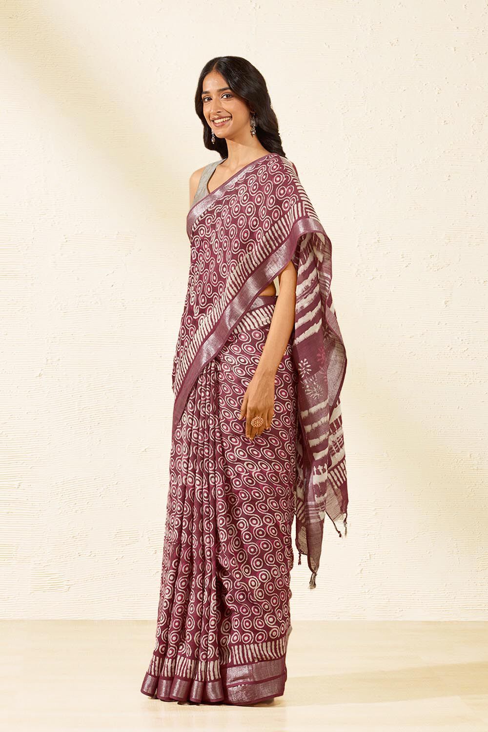 Pink Block Printed Cotton Viscose Saree image number null