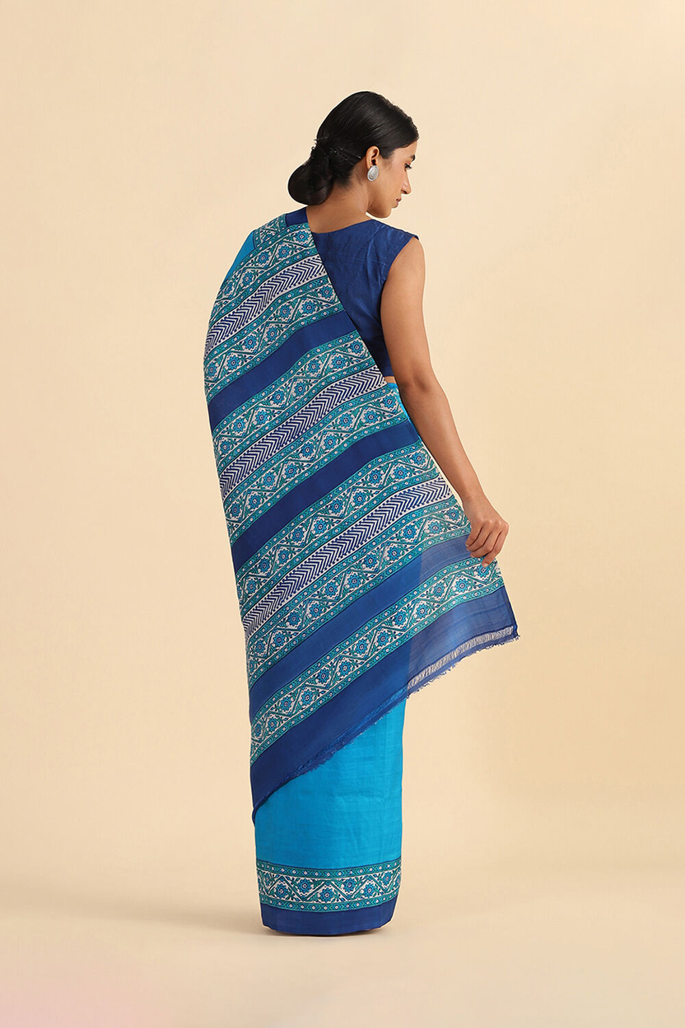 Blue Hand Blockprinted Pure Silk Saree image number null