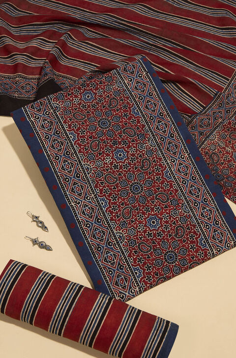 Dark Blue Pure Cotton Ajrakh Unstitched Suit Set
