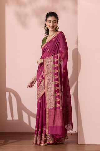 Purple Bengal Pure Silk Linen Embroidered Saree thumbnail image number null