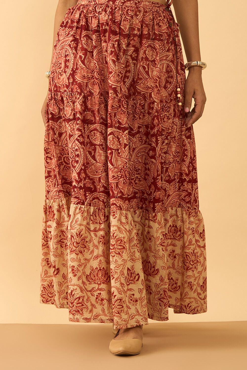 Dark Red Printed Kalamkari Pure Cotton Ethnic Skirt image number null