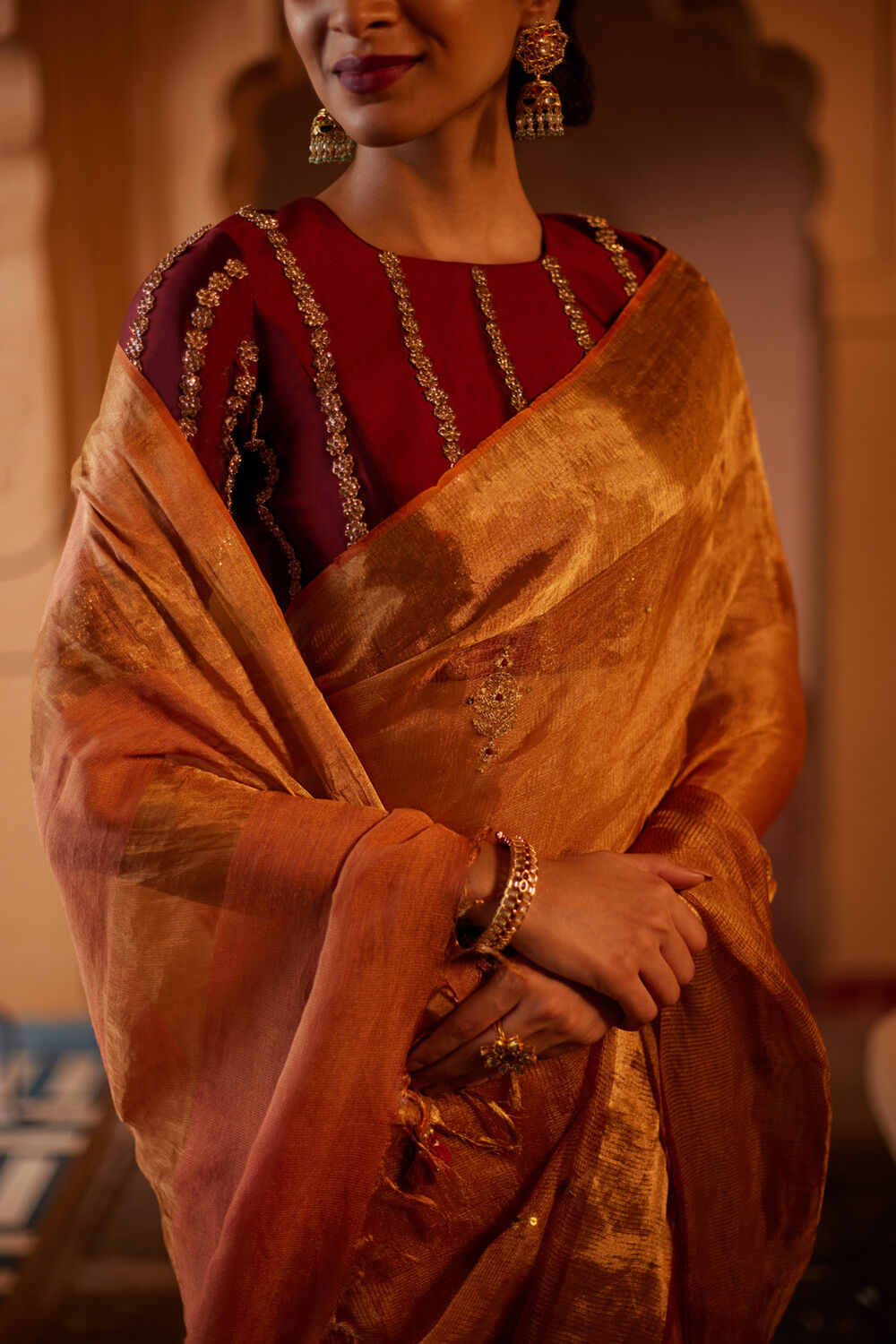 Orange Pure Silk Tissue Embroidery Saree image number null