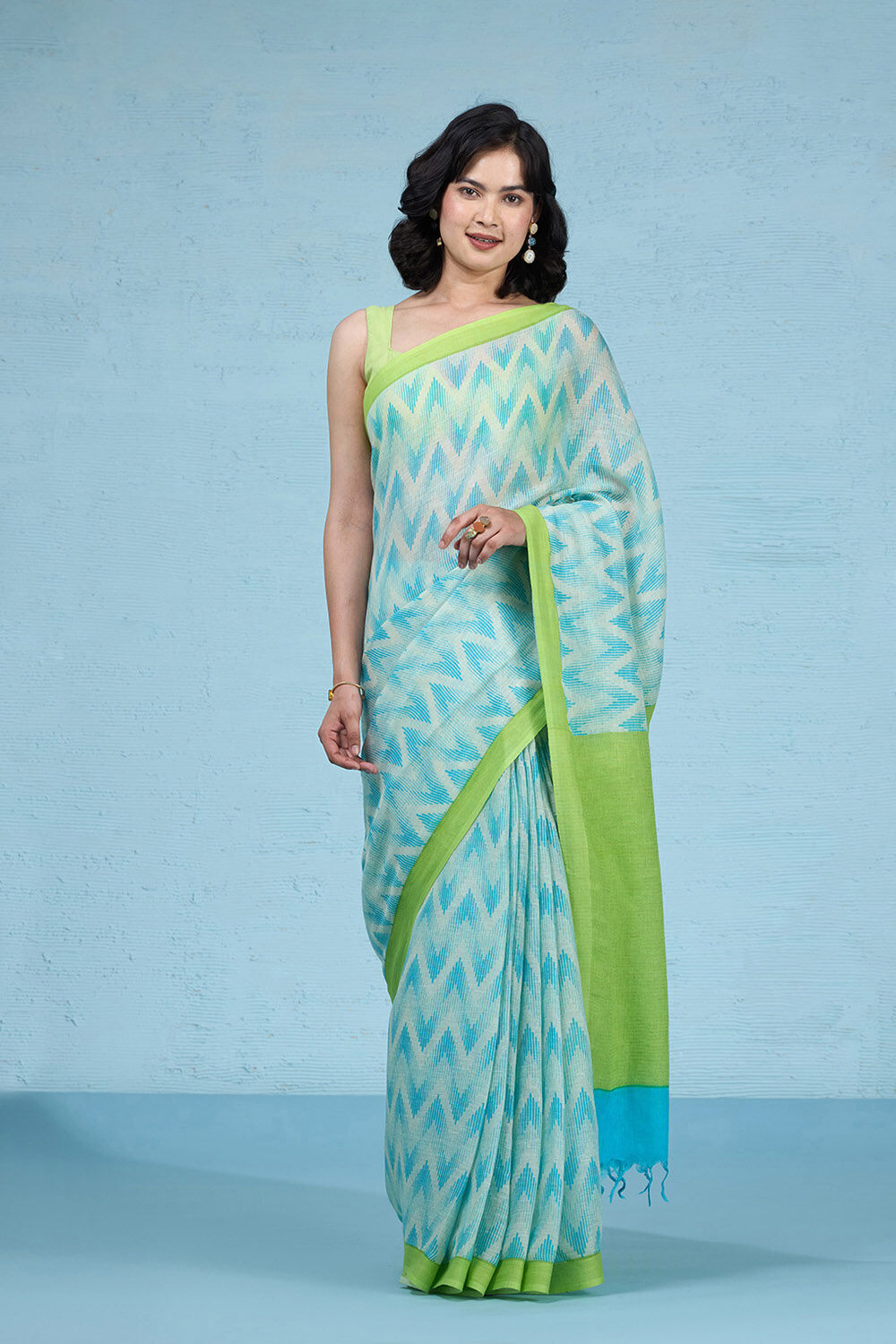 Blue Screen Printed Pure Linen Saree image number null