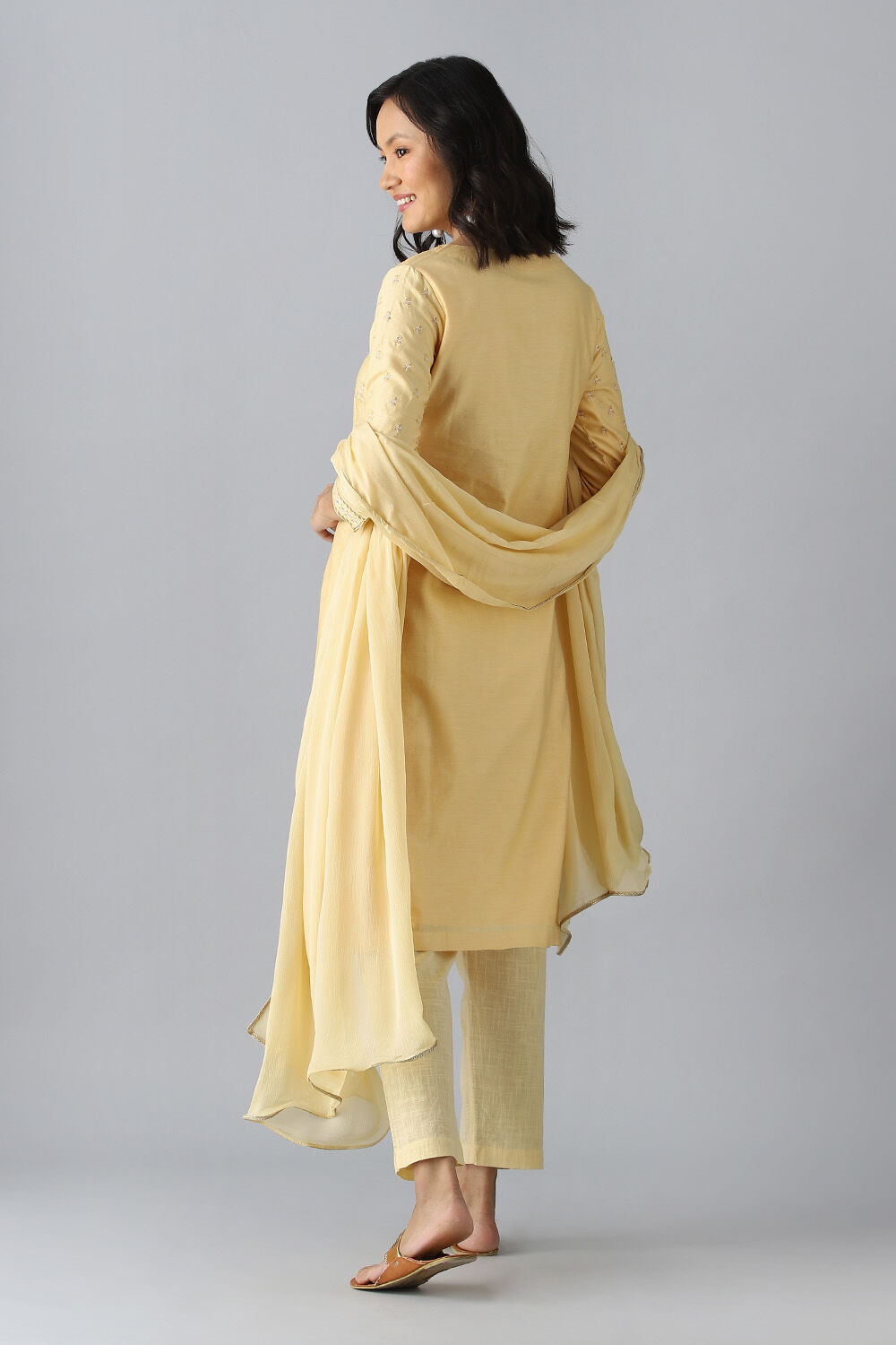 Light Yellow Embroidered Silk Cotton Kurta Set image number null