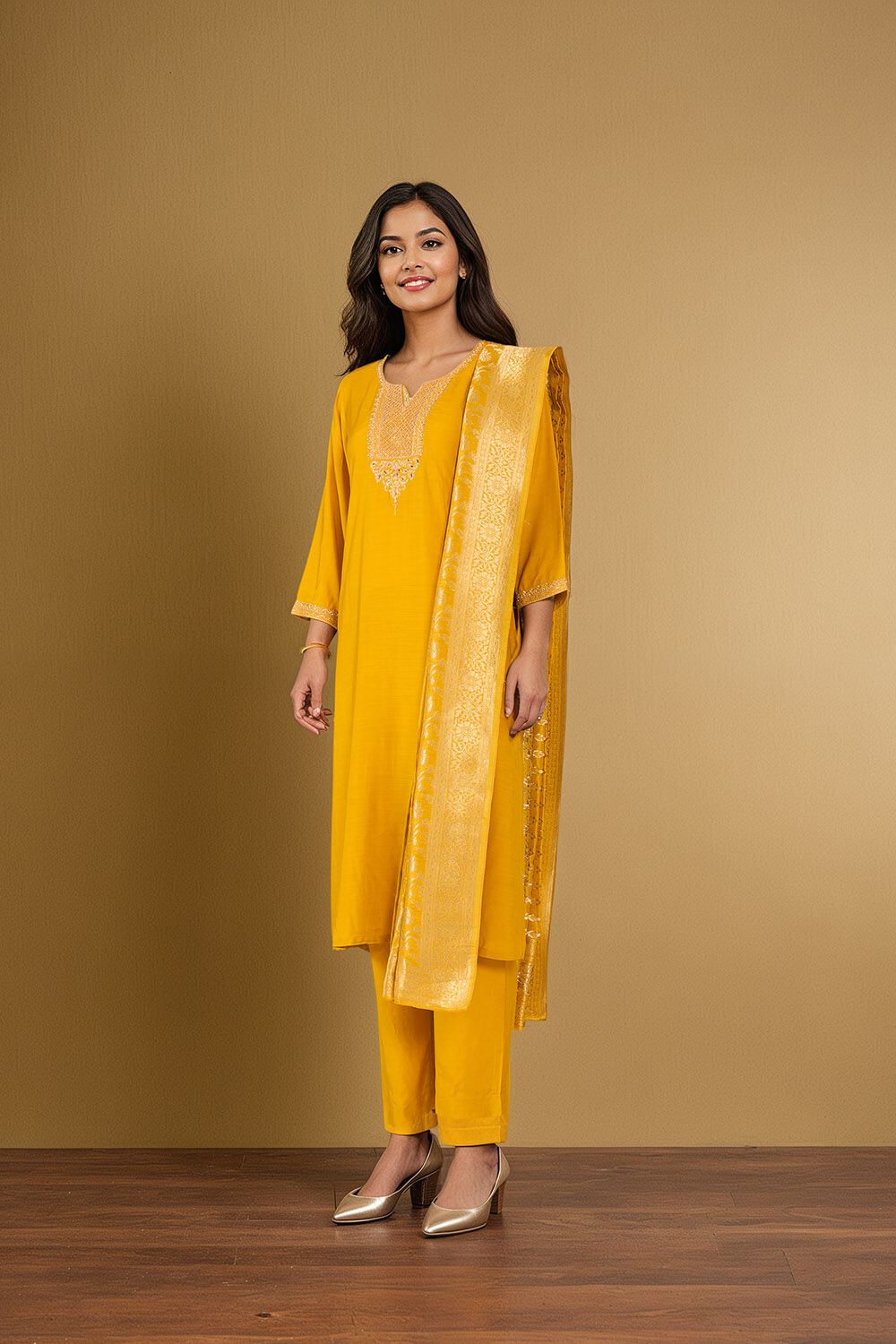 Dark Yellow Viscose Embroidered Kurta Set image number null