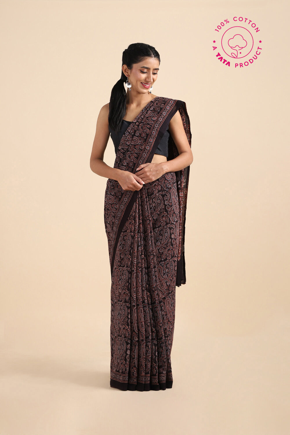 Black Pure Cotton Ajrakh Printed Saree image number null