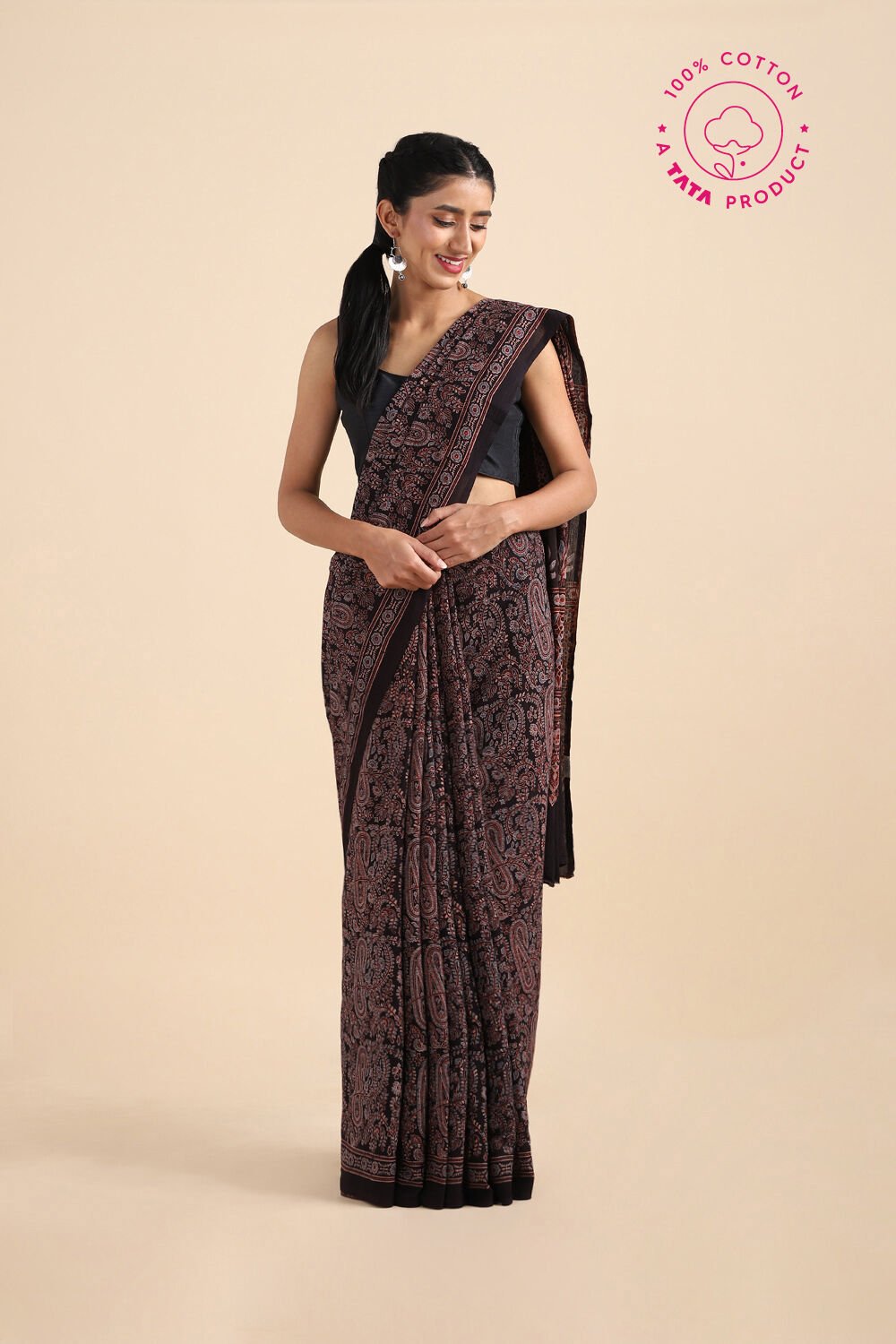 Black Pure Cotton Ajrakh Printed Saree image number null