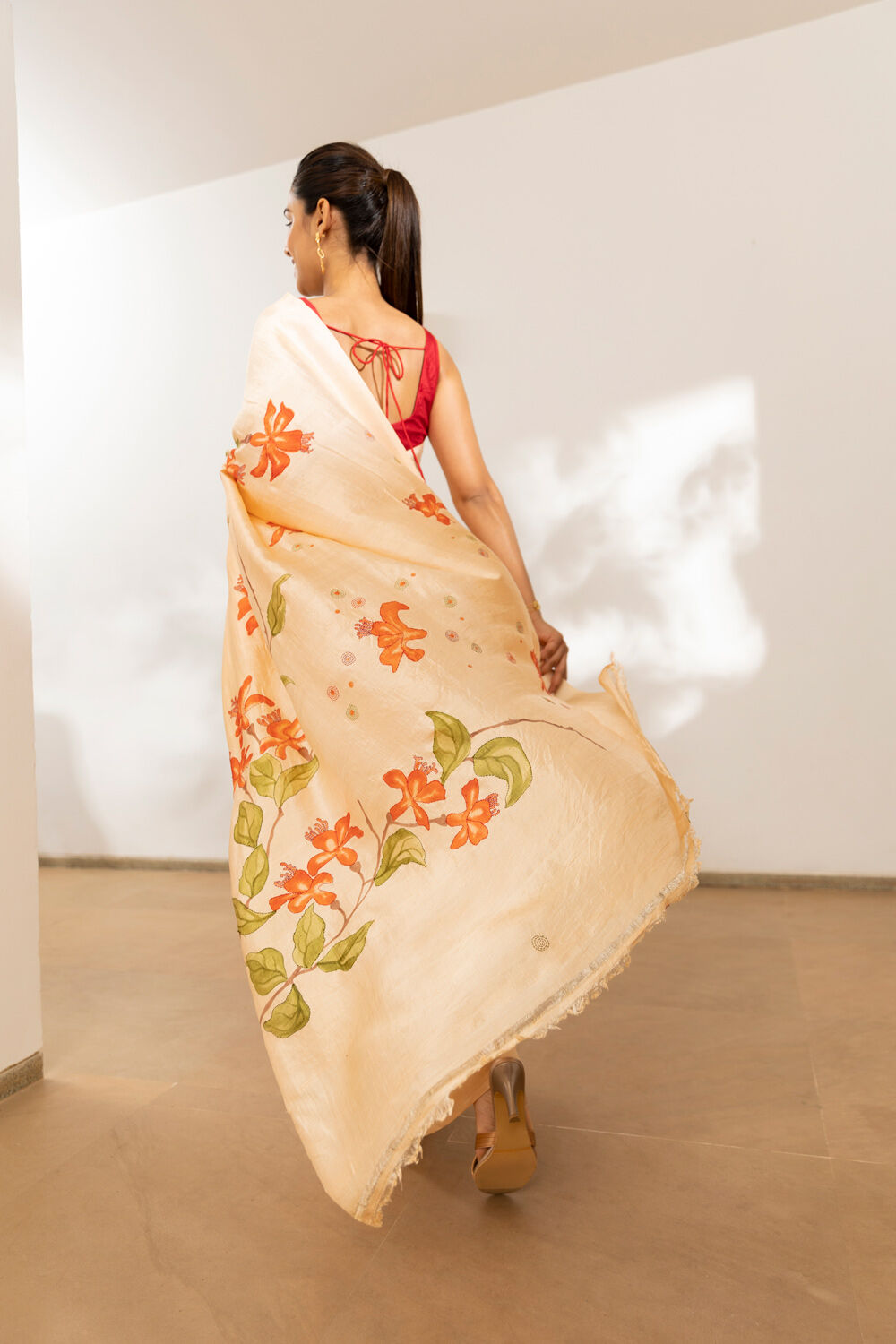 Light Yellow Pure Silk Hand Painteded Saree image number null