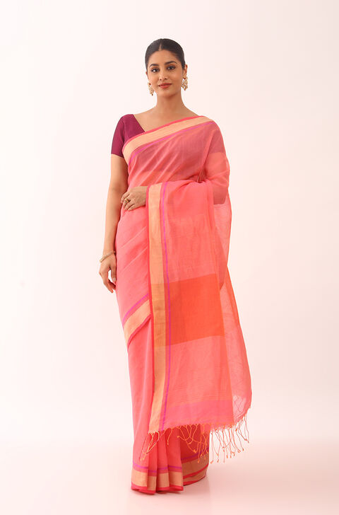 Pink Woven Pure Silk Cotton Bengali Saree