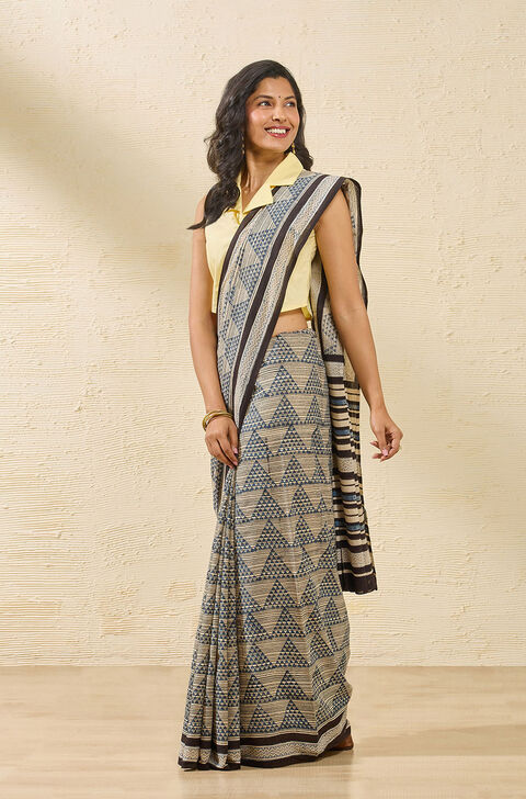 Light Blue Rajasthan Pure Cotton Dabu Block Printed Saree