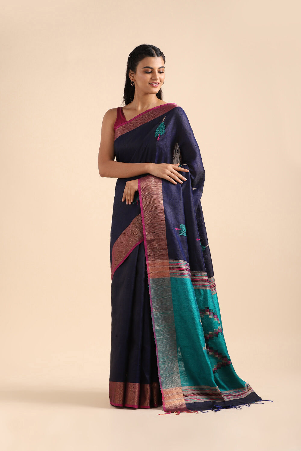 Dark Blue Pure Tussar Silk Bhagalpuri Saree image number null