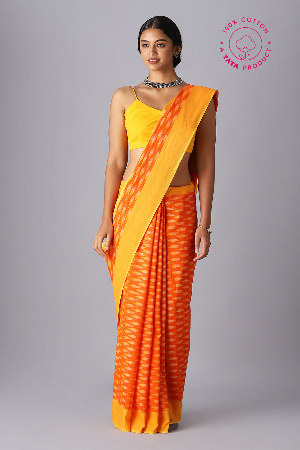 Orange Pure Cotton Pochampalli Ikat Saree image number null
