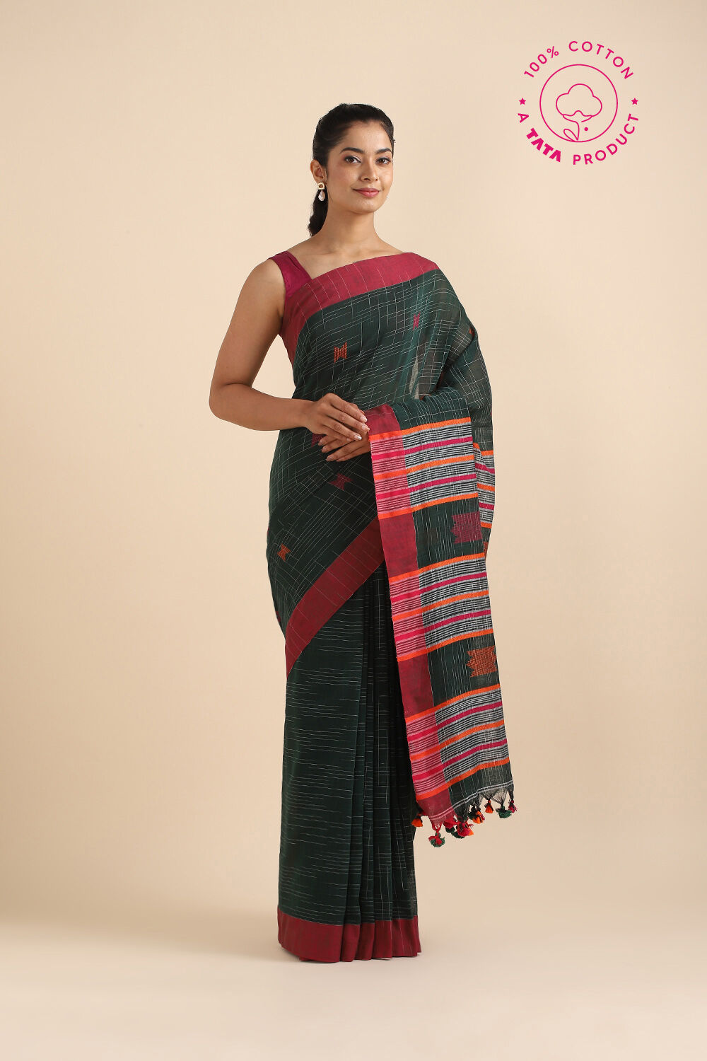 Dark Pure Green Cotton Bengal Saree image number null