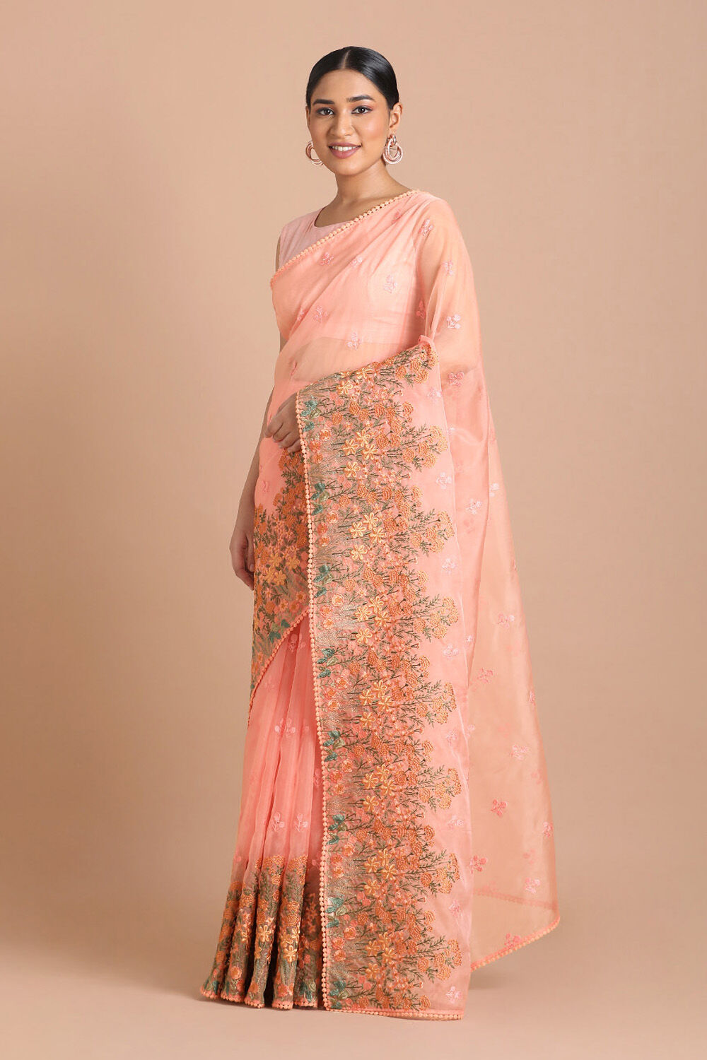Light Pure Orange Embroidered Saree image number null