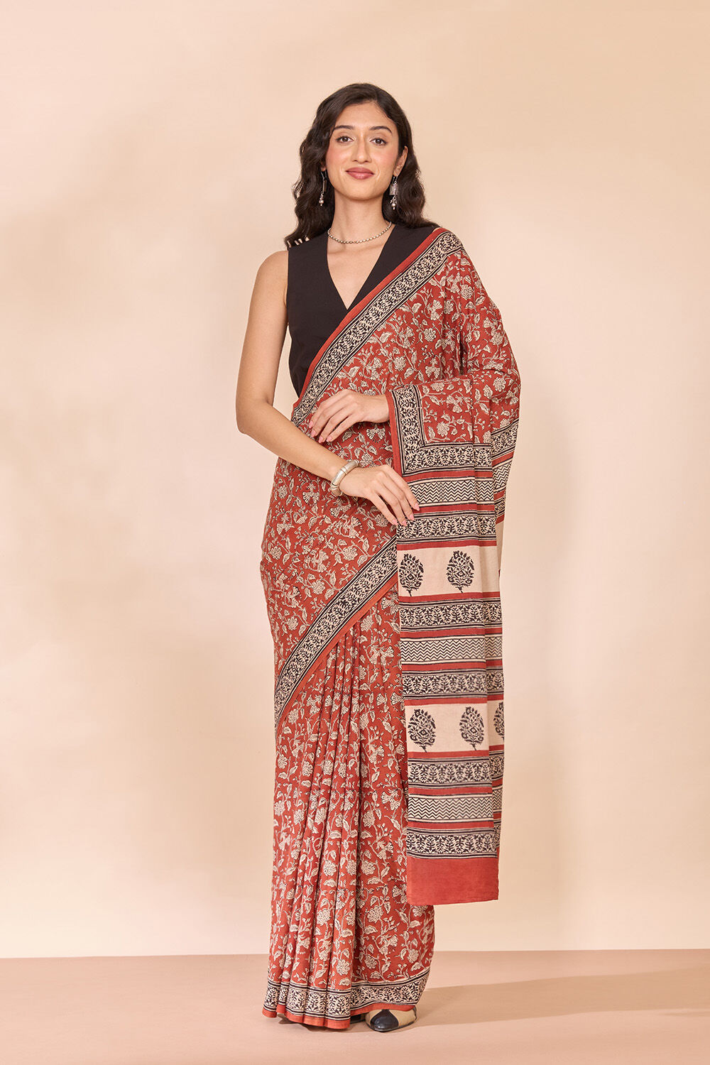 Dark Red Rajasthan Block Printed Pure Cotton Saree image number null