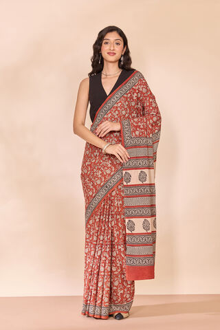 Dark Red Rajasthan Block Printed Pure Cotton Saree thumbnail image number null