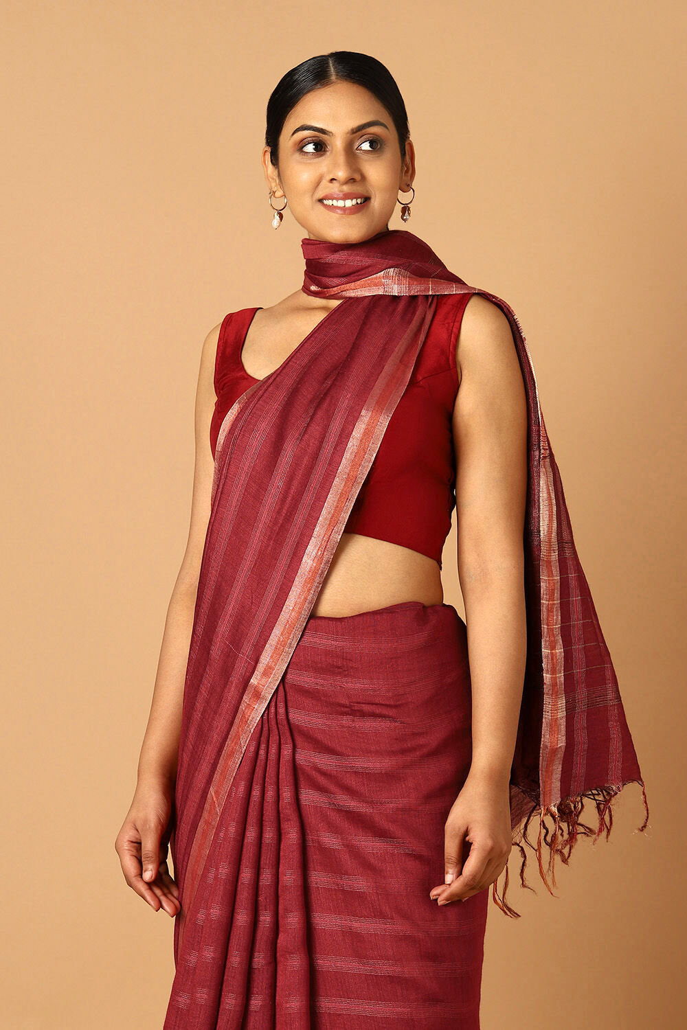 Dark Red Pure Tussar Silk Bhagalpuri Saree image number null