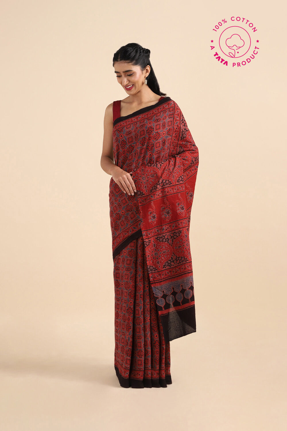Red Pure Cotton Ajrakh Printed Saree image number null