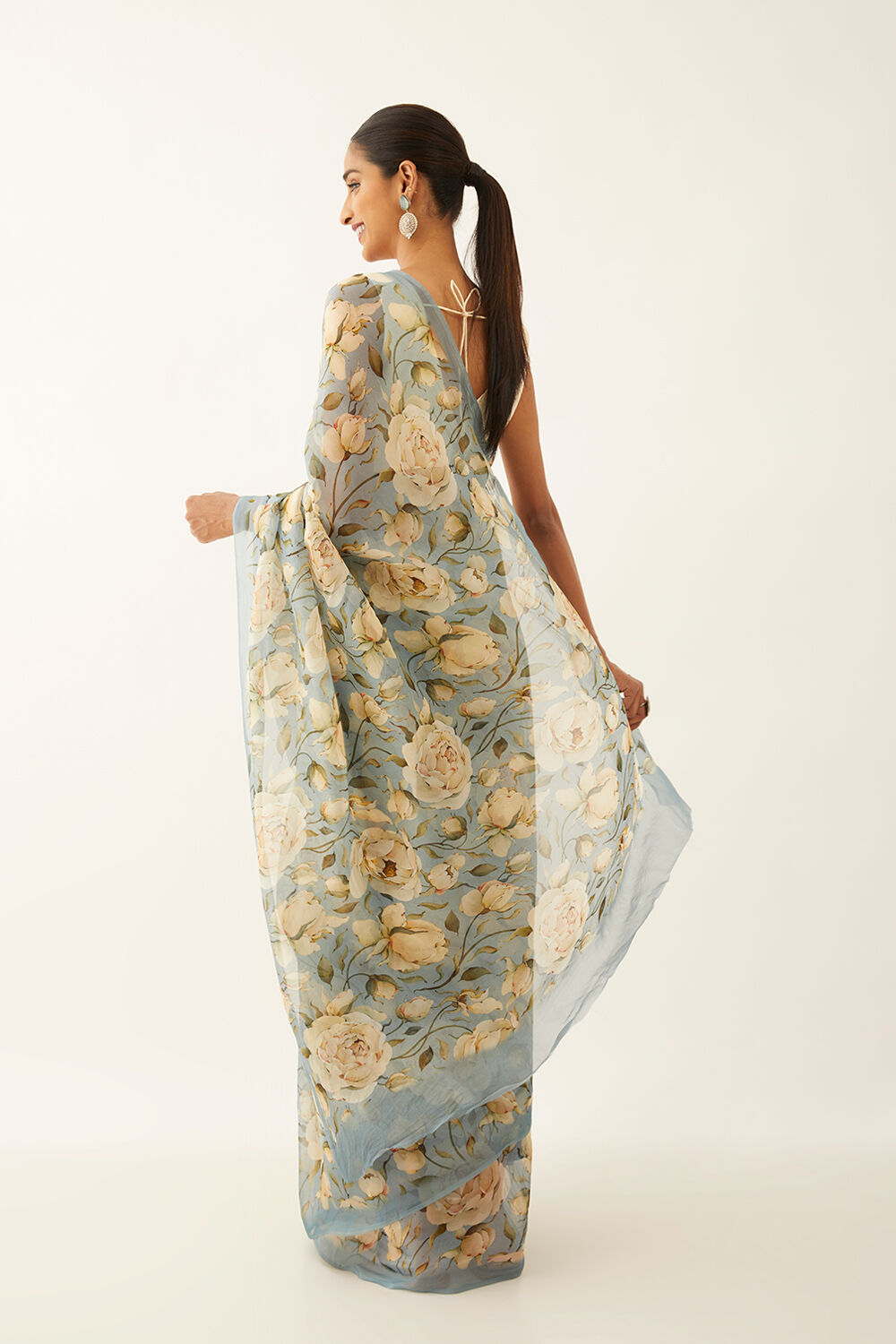Blue Viscose Organza Digital Printed Saree image number null