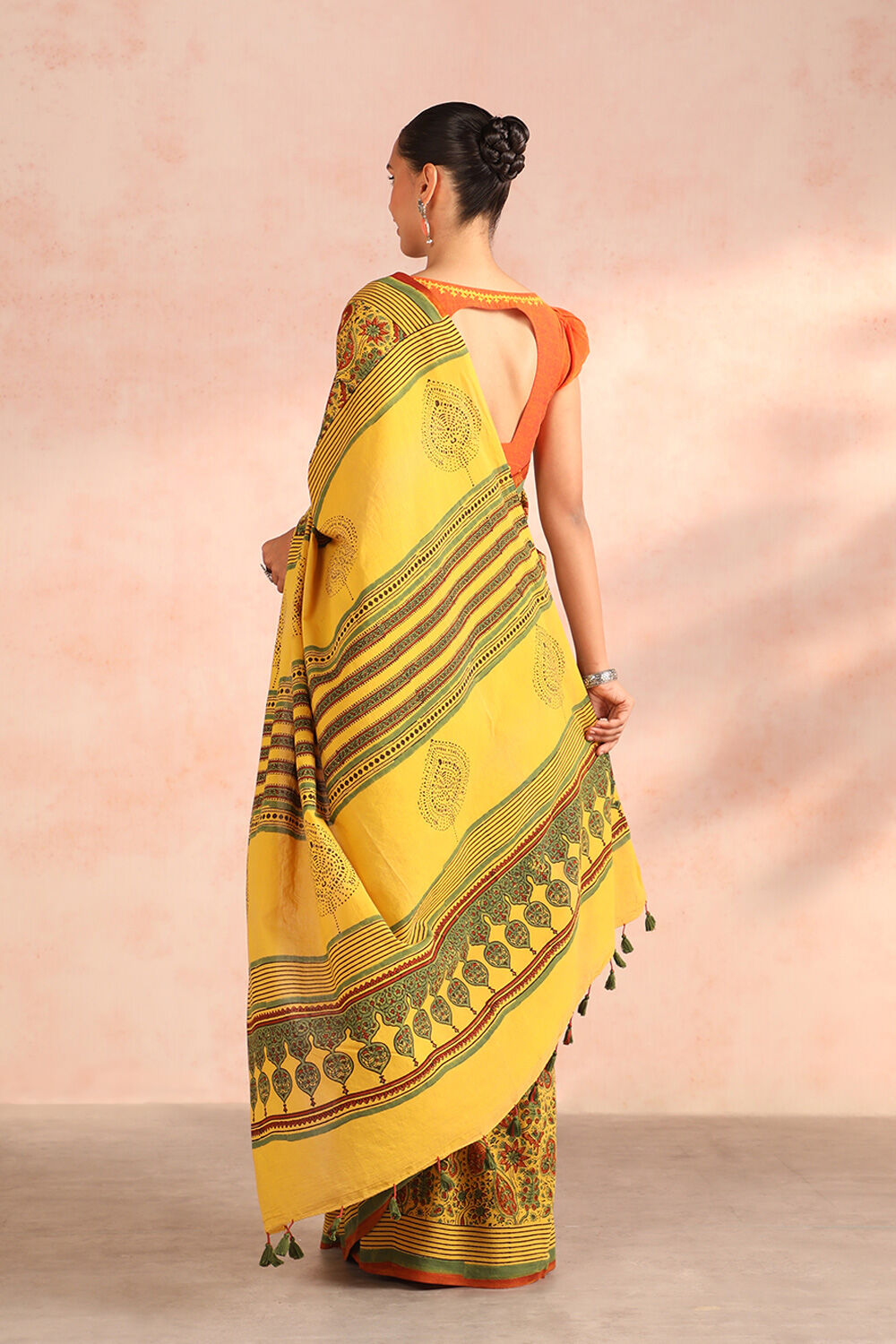 Yellow Gujarat Block Printed Pure Cotton Saree image number null